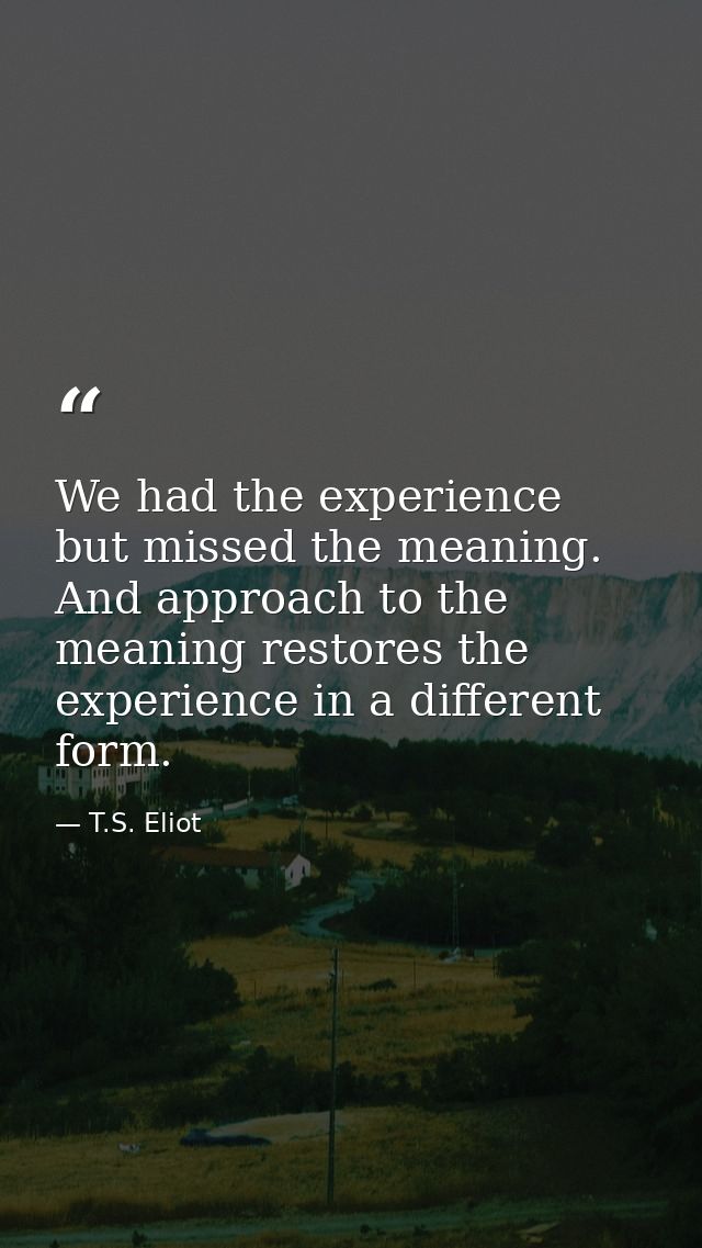 We had the experience but missed the meaning. And approach to the meaning restores the experience in a different form. — T.S. Eliot