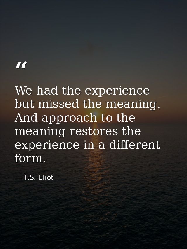 We had the experience but missed the meaning. And approach to the meaning restores the experience in a different form. — T.S. Eliot