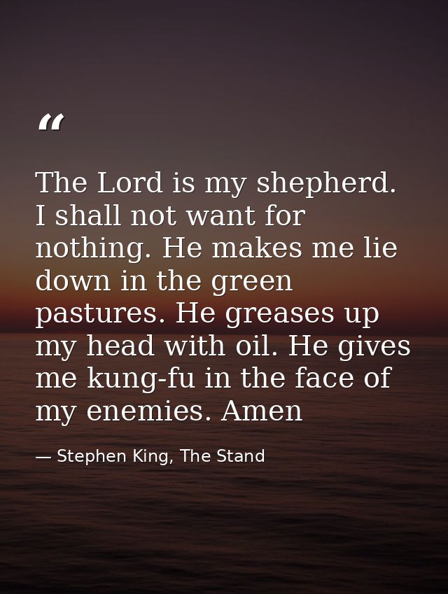 The Lord is my shepherd. I shall not want for nothing. He makes me lie down in the green pastures. He greases up my head — Stephen King, The Stand
