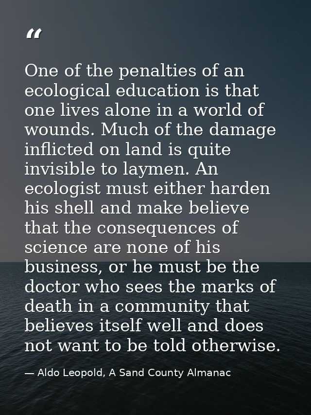 One of the penalties of an ecological education is that one lives alone in a world of wounds. Much of the damage inflict — Aldo Leopold, A Sand County Almanac