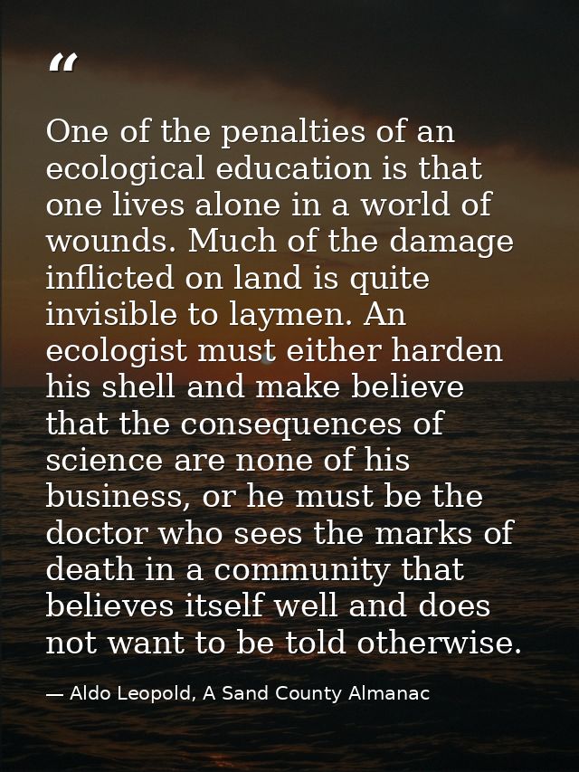 One of the penalties of an ecological education is that one lives alone in a world of wounds. Much of the damage inflict — Aldo Leopold, A Sand County Almanac