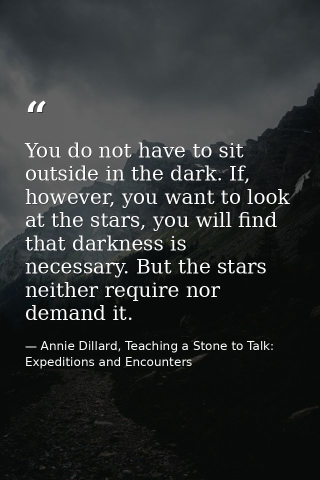 You do not have to sit outside in the dark. If, however, you want to look at the stars, you will find that darkness is n — Annie Dillard, Teaching a Stone to Talk: Expeditions and Encounters