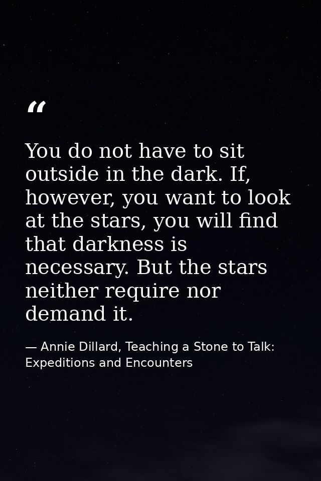 You do not have to sit outside in the dark. If, however, you want to look at the stars, you will find that darkness is n — Annie Dillard, Teaching a Stone to Talk: Expeditions and Encounters