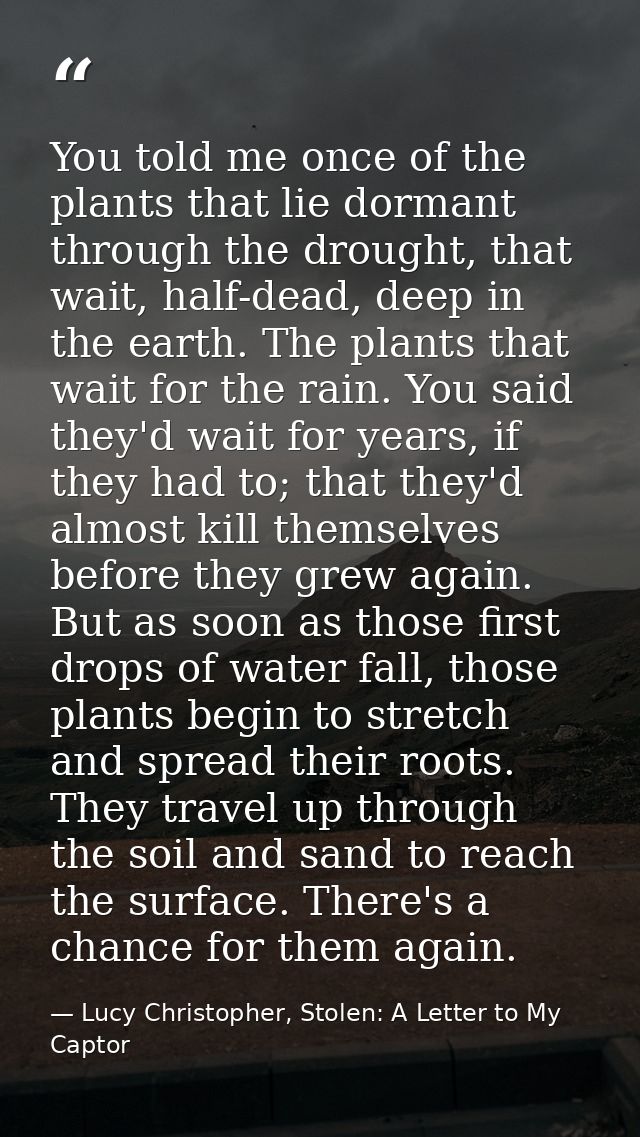 You told me once of the plants that lie dormant through the drought, that wait, half-dead, deep in the earth. The plants — Lucy Christopher, Stolen: A Letter to My Captor