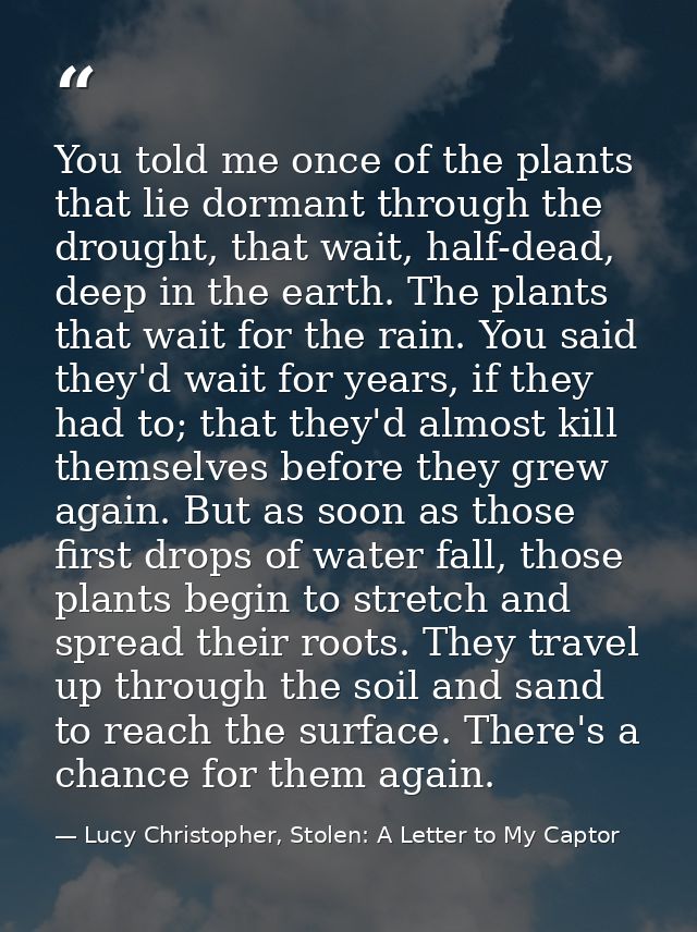 You told me once of the plants that lie dormant through the drought, that wait, half-dead, deep in the earth. The plants — Lucy Christopher, Stolen: A Letter to My Captor