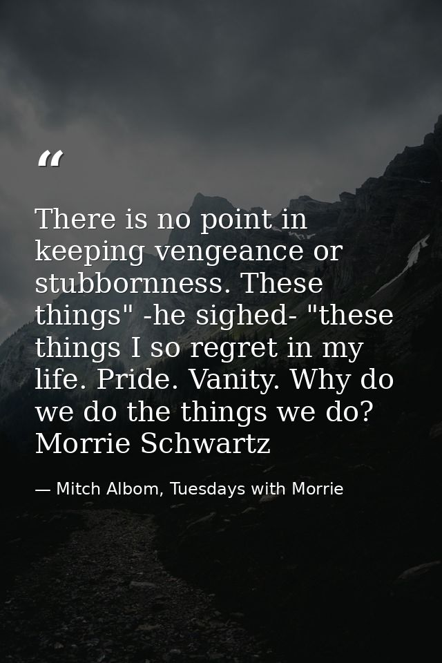 There is no point in keeping vengeance or stubbornness. These things" -he sighed- "these things I so regret in my life.  — Mitch Albom, Tuesdays with Morrie