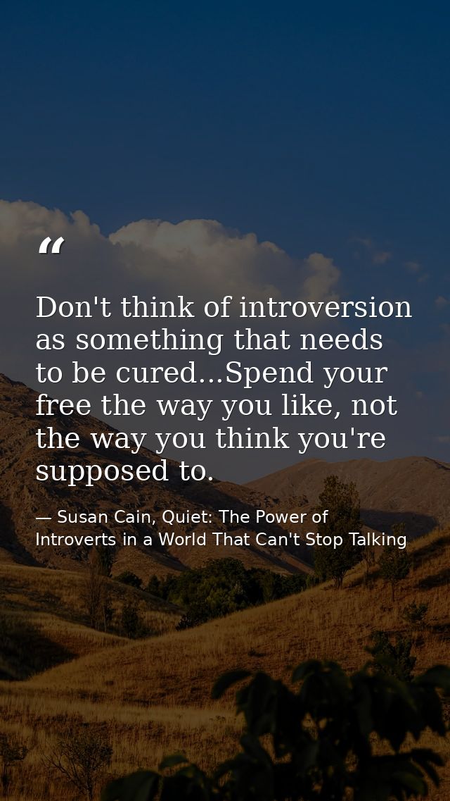 Don't think of introversion as something that needs to be cured...Spend your free the way you like, not the way you thin — Susan Cain, Quiet: The Power of Introverts in a World That Can't Stop Talking