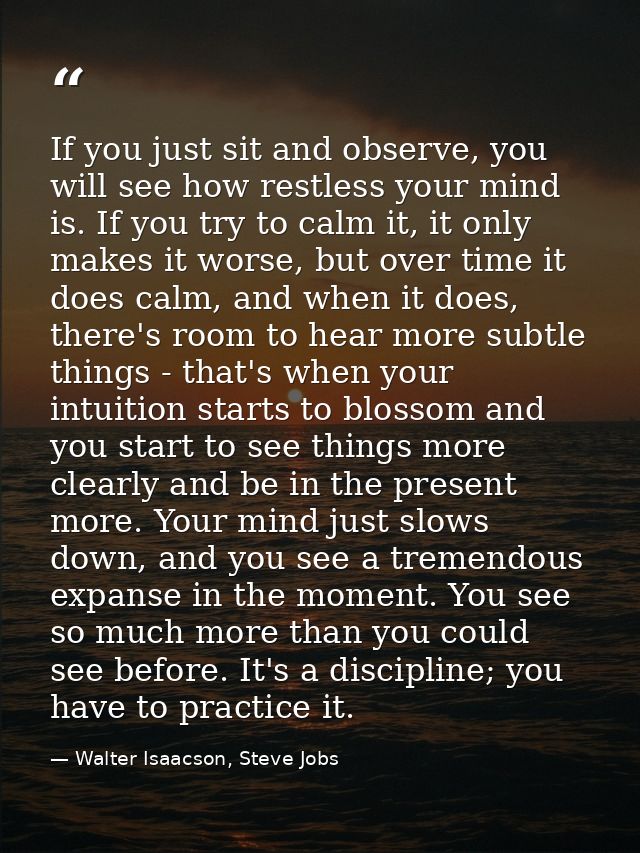 If you just sit and observe, you will see how restless your mind is. If you try to calm it, it only makes it worse, but  — Walter Isaacson, Steve Jobs