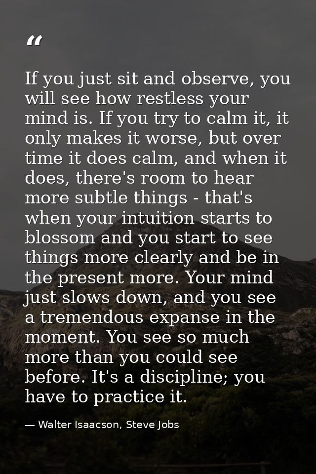 If you just sit and observe, you will see how restless your mind is. If you try to calm it, it only makes it worse, but  — Walter Isaacson, Steve Jobs