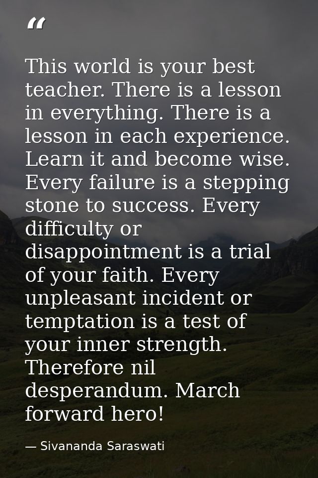This world is your best teacher. There is a lesson in everything. There is a lesson in each experience. Learn it and bec — Sivananda Saraswati