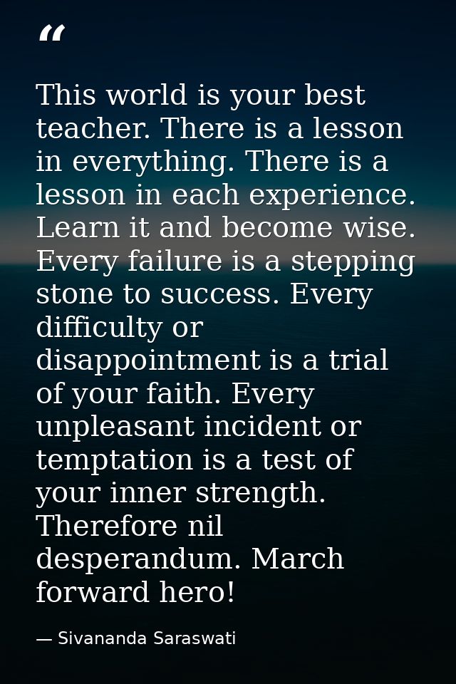 This world is your best teacher. There is a lesson in everything. There is a lesson in each experience. Learn it and bec — Sivananda Saraswati