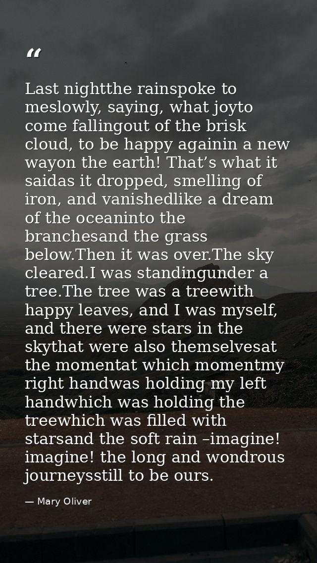 Last nightthe rainspoke to meslowly, saying, what joyto come fallingout of the brisk cloud, to be happy againin a new wa — Mary Oliver