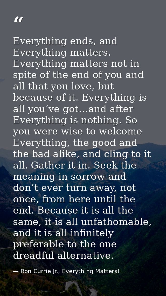 Everything ends, and Everything matters. Everything matters not in spite of the end of you and all that you love, but be — Ron Currie Jr., Everything Matters!
