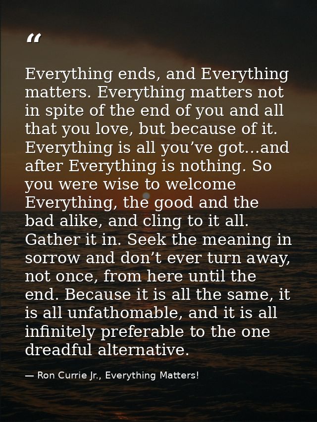 Everything ends, and Everything matters. Everything matters not in spite of the end of you and all that you love, but be — Ron Currie Jr., Everything Matters!
