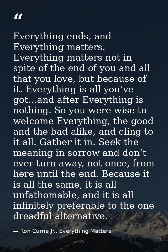 Everything ends, and Everything matters. Everything matters not in spite of the end of you and all that you love, but be — Ron Currie Jr., Everything Matters!