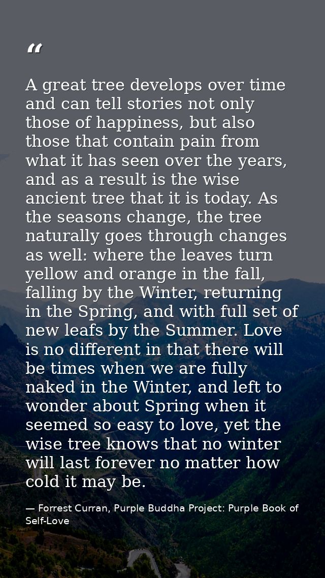 A great tree develops over time and can tell stories not only those of happiness, but also those that contain pain from  — Forrest Curran, Purple Buddha Project: Purple Book of Self-Love