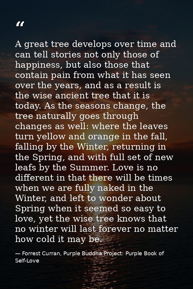 A great tree develops over time and can tell stories not only those of happiness, but also those that contain pain from  — Forrest Curran, Purple Buddha Project: Purple Book of Self-Love