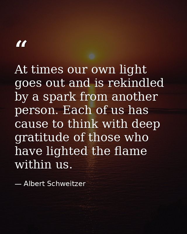 At times our own light goes out and is rekindled by a spark from another person. Each of us has cause to think with deep — Albert Schweitzer