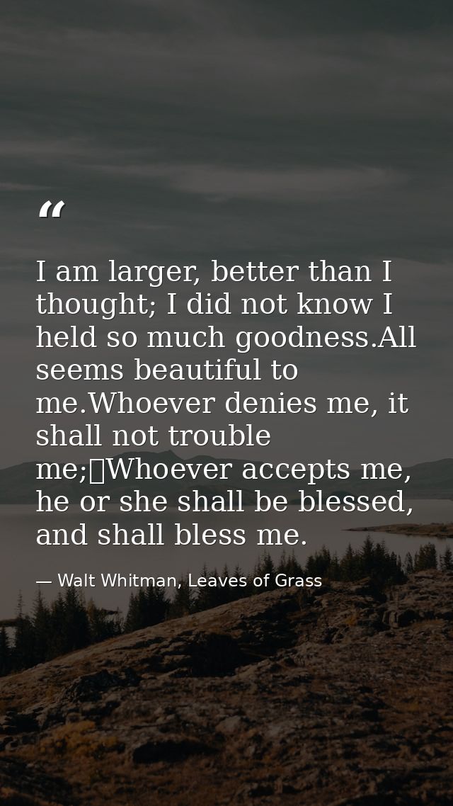 I am larger, better than I thought; I did not know I held so much goodness.All seems beautiful to me.Whoever denies me,  — Walt Whitman, Leaves of Grass