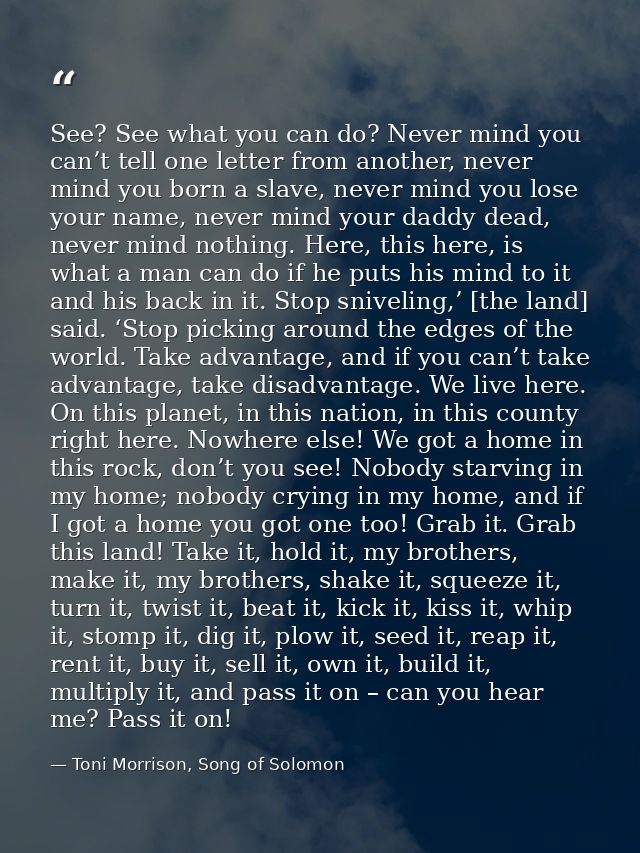 See? See what you can do? Never mind you can’t tell one letter from another, never mind you born a slave, never mind you — Toni Morrison, Song of Solomon