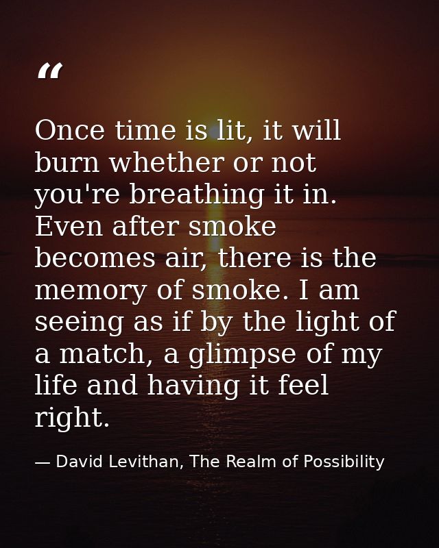 Once time is lit, it will burn whether or not you're breathing it in. Even after smoke becomes air, there is the memory  — David Levithan, The Realm of Possibility