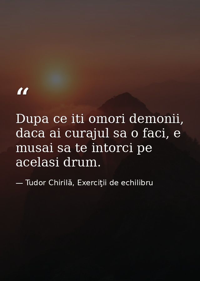 Dupa ce iti omori demonii, daca ai curajul sa o faci, e musai sa te intorci pe acelasi drum. — Tudor Chirilă, Exerciţii de echilibru