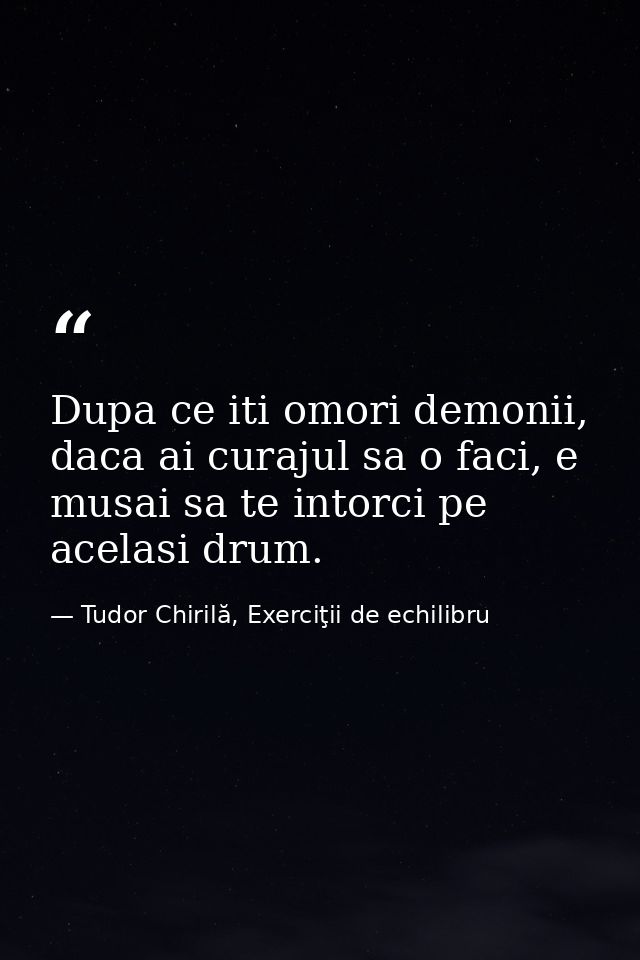 Dupa ce iti omori demonii, daca ai curajul sa o faci, e musai sa te intorci pe acelasi drum. — Tudor Chirilă, Exerciţii de echilibru