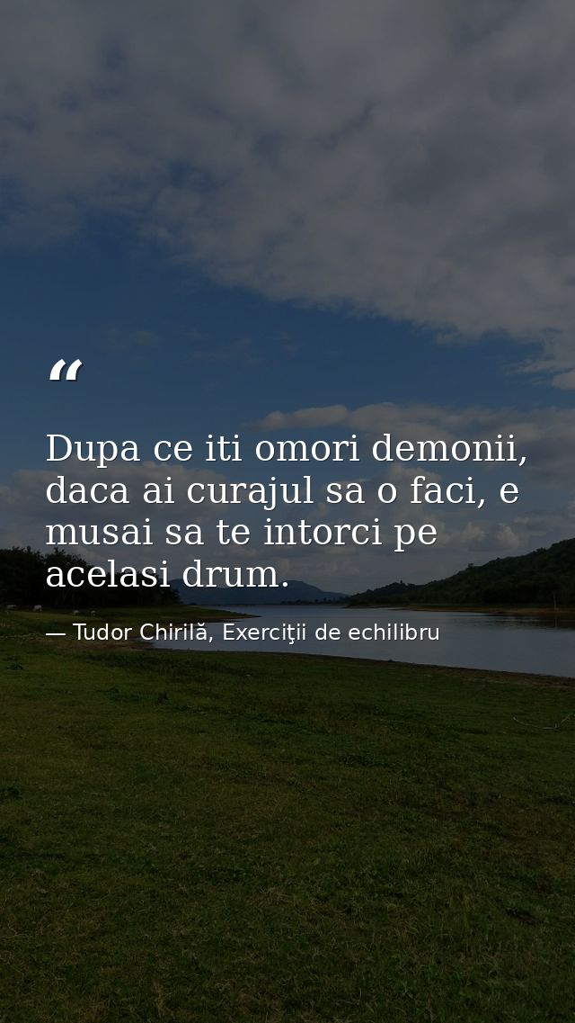 Dupa ce iti omori demonii, daca ai curajul sa o faci, e musai sa te intorci pe acelasi drum. — Tudor Chirilă, Exerciţii de echilibru