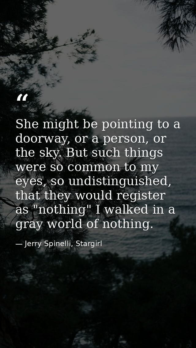 She might be pointing to a doorway, or a person, or the sky. But such things were so common to my eyes, so undistinguish — Jerry Spinelli, Stargirl