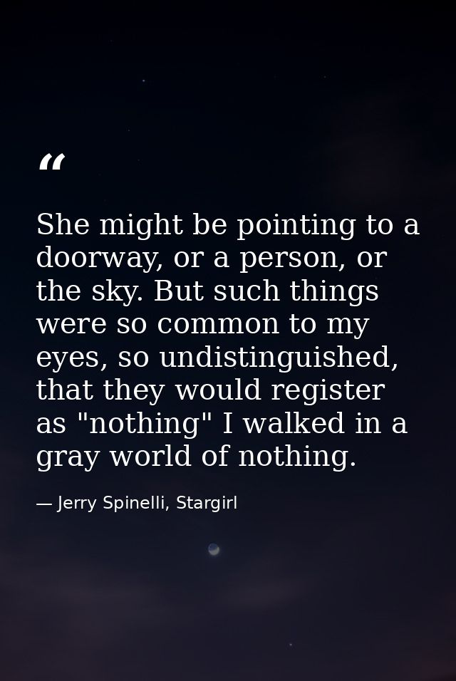 She might be pointing to a doorway, or a person, or the sky. But such things were so common to my eyes, so undistinguish — Jerry Spinelli, Stargirl