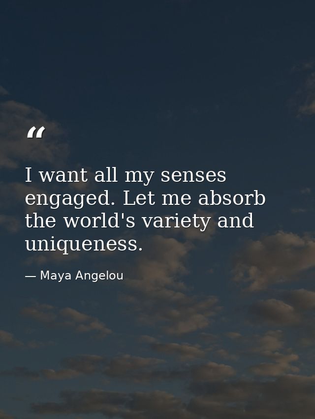 I want all my senses engaged. Let me absorb the world's variety and uniqueness. — Maya Angelou