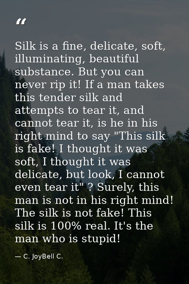 Silk is a fine, delicate, soft, illuminating, beautiful substance. But you can never rip it! If a man takes this tender  — C. JoyBell C.