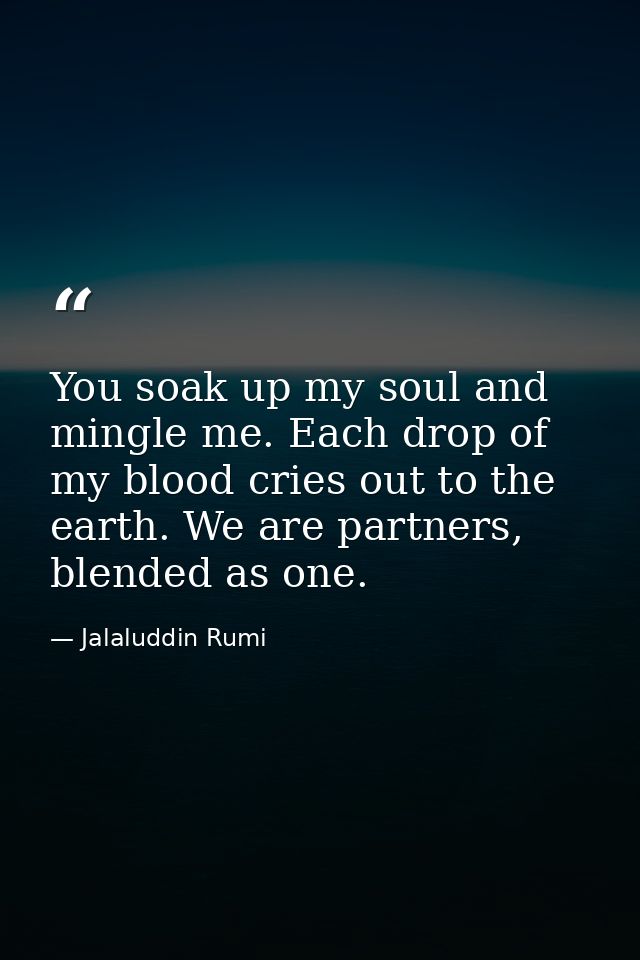 You soak up my soul and mingle me. Each drop of my blood cries out to the earth. We are partners, blended as one. — Jalaluddin Rumi