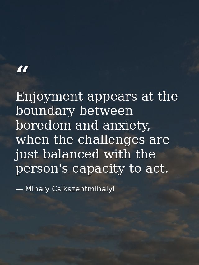 Enjoyment appears at the boundary between boredom and anxiety, when the challenges are just balanced with the person's c — Mihaly Csikszentmihalyi