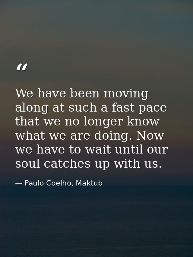 We have been moving along at such a fast pace that we no longer know what we are doing. Now we have to wait until our so — Paulo Coelho, Maktub