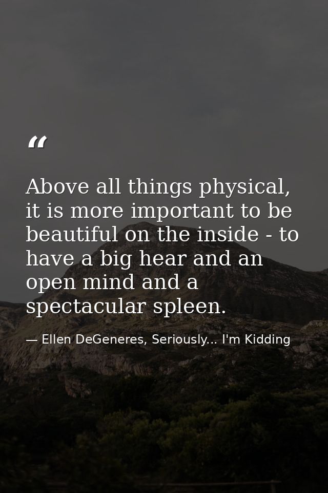Above all things physical, it is more important to be beautiful on the inside - to have a big hear and an open mind and  — Ellen DeGeneres, Seriously... I'm Kidding