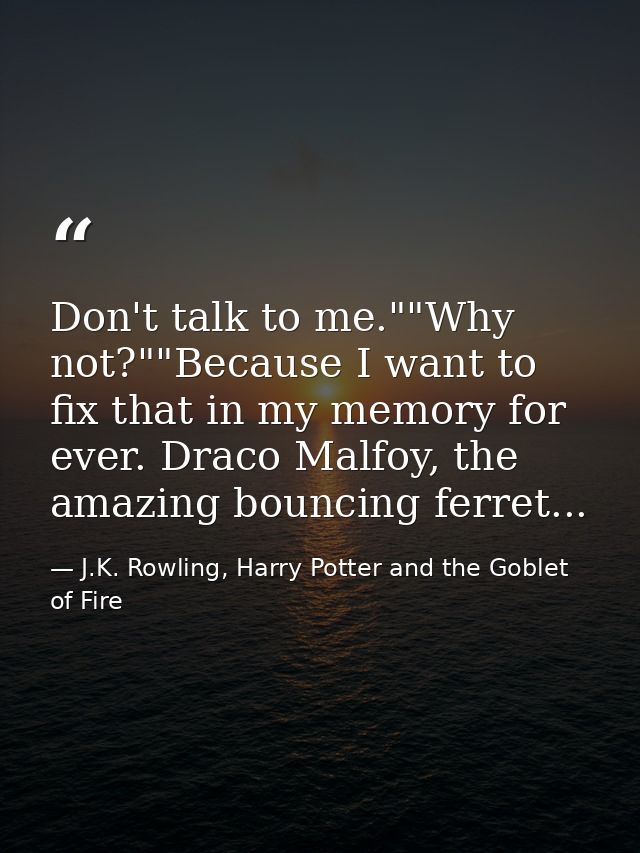 Don't talk to me.""Why not?""Because I want to fix that in my memory for ever. Draco Malfoy, the amazing bouncing ferret — J.K. Rowling, Harry Potter and the Goblet of Fire