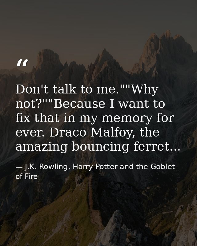 Don't talk to me.""Why not?""Because I want to fix that in my memory for ever. Draco Malfoy, the amazing bouncing ferret — J.K. Rowling, Harry Potter and the Goblet of Fire