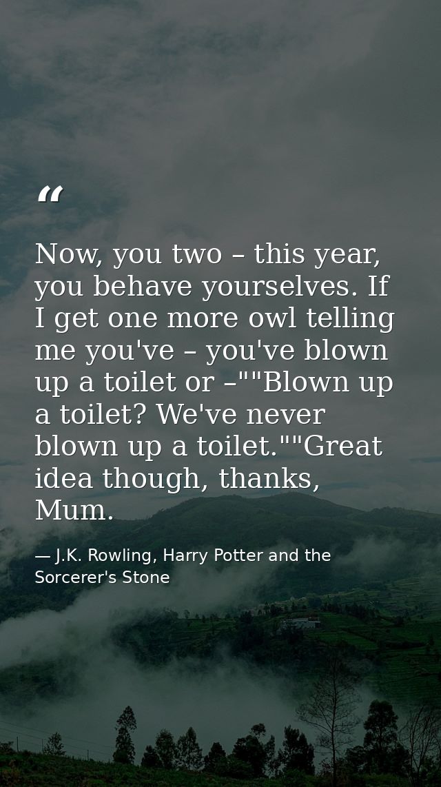 Now, you two – this year, you behave yourselves. If I get one more owl telling me you've – you've blown up a toilet or – — J.K. Rowling, Harry Potter and the Sorcerer's Stone