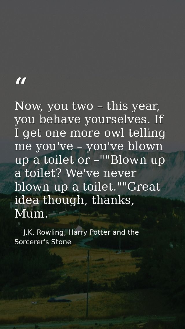 Now, you two – this year, you behave yourselves. If I get one more owl telling me you've – you've blown up a toilet or – — J.K. Rowling, Harry Potter and the Sorcerer's Stone