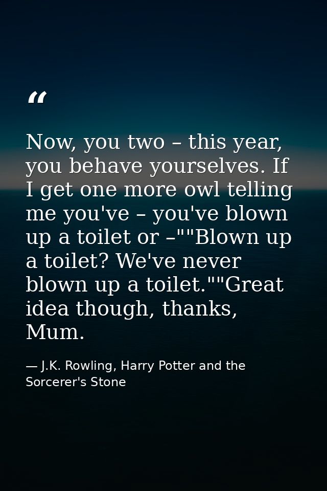 Now, you two – this year, you behave yourselves. If I get one more owl telling me you've – you've blown up a toilet or – — J.K. Rowling, Harry Potter and the Sorcerer's Stone