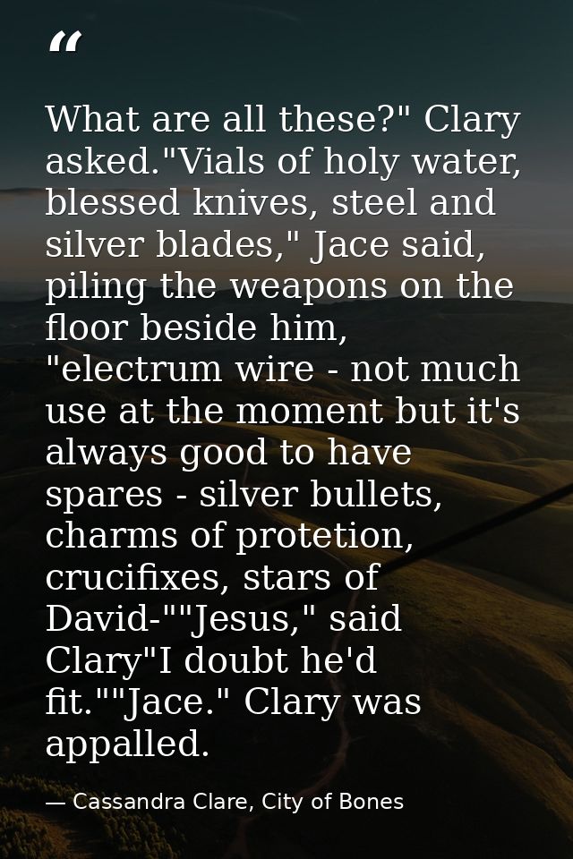 What are all these?" Clary asked."Vials of holy water, blessed knives, steel and silver blades," Jace said, piling the w — Cassandra Clare, City of Bones