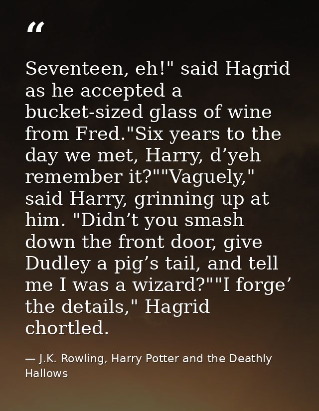 Seventeen, eh!" said Hagrid as he accepted a bucket-sized glass of wine from Fred."Six years to the day we met, Harry, d — J.K. Rowling, Harry Potter and the Deathly Hallows