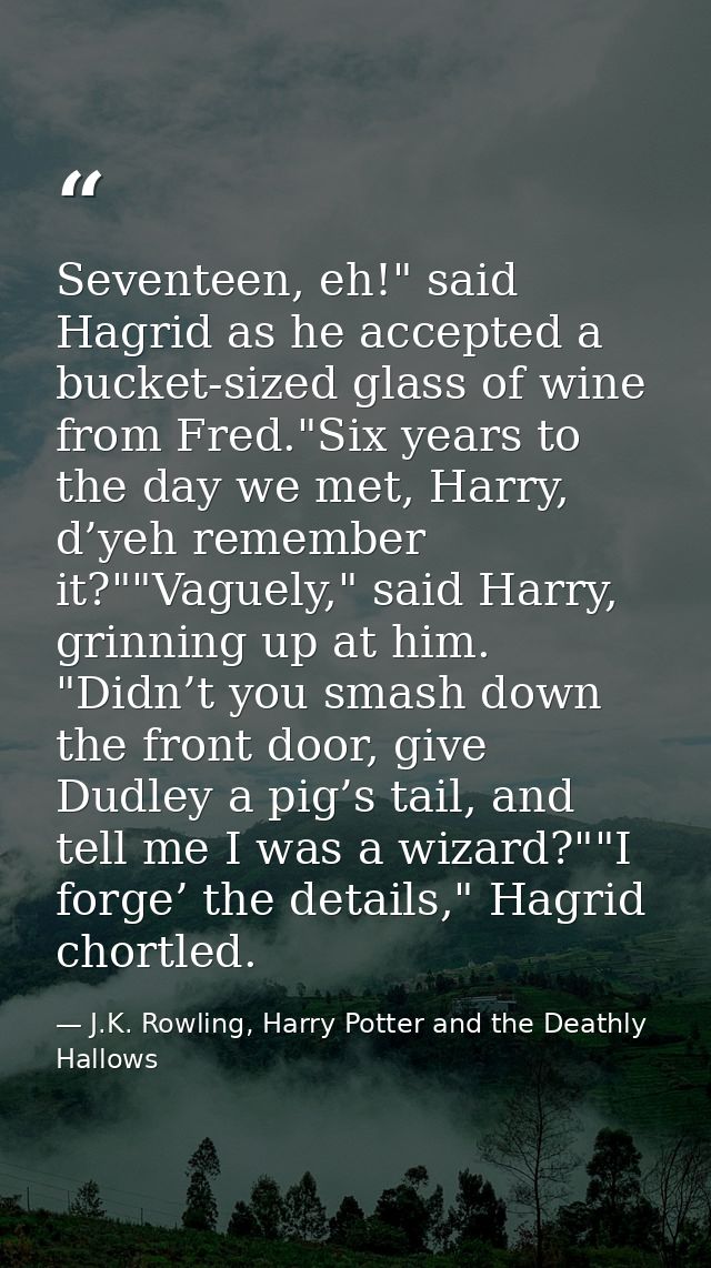 Seventeen, eh!" said Hagrid as he accepted a bucket-sized glass of wine from Fred."Six years to the day we met, Harry, d — J.K. Rowling, Harry Potter and the Deathly Hallows