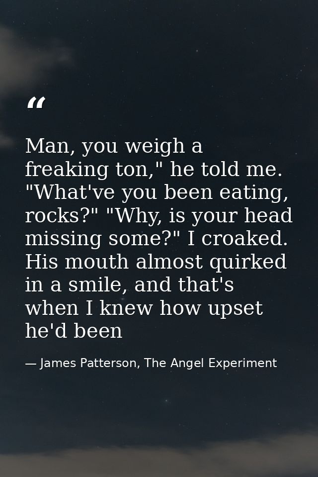 Man, you weigh a freaking ton," he told me. "What've you been eating, rocks?" "Why, is your head missing some?" I croake — James Patterson, The Angel Experiment