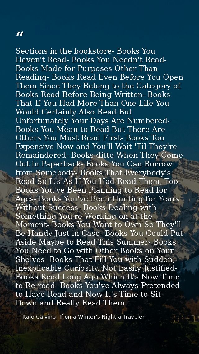 Sections in the bookstore- Books You Haven't Read- Books You Needn't Read- Books Made for Purposes Other Than Reading- B — Italo Calvino, If on a Winter's Night a Traveler
