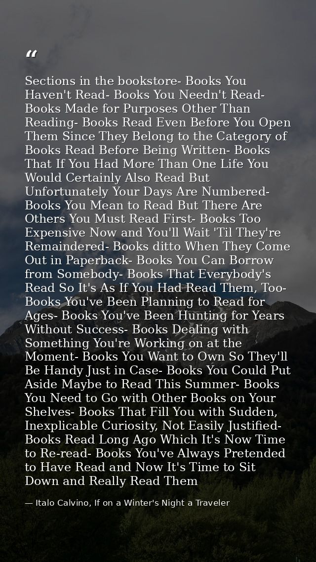 Sections in the bookstore- Books You Haven't Read- Books You Needn't Read- Books Made for Purposes Other Than Reading- B — Italo Calvino, If on a Winter's Night a Traveler