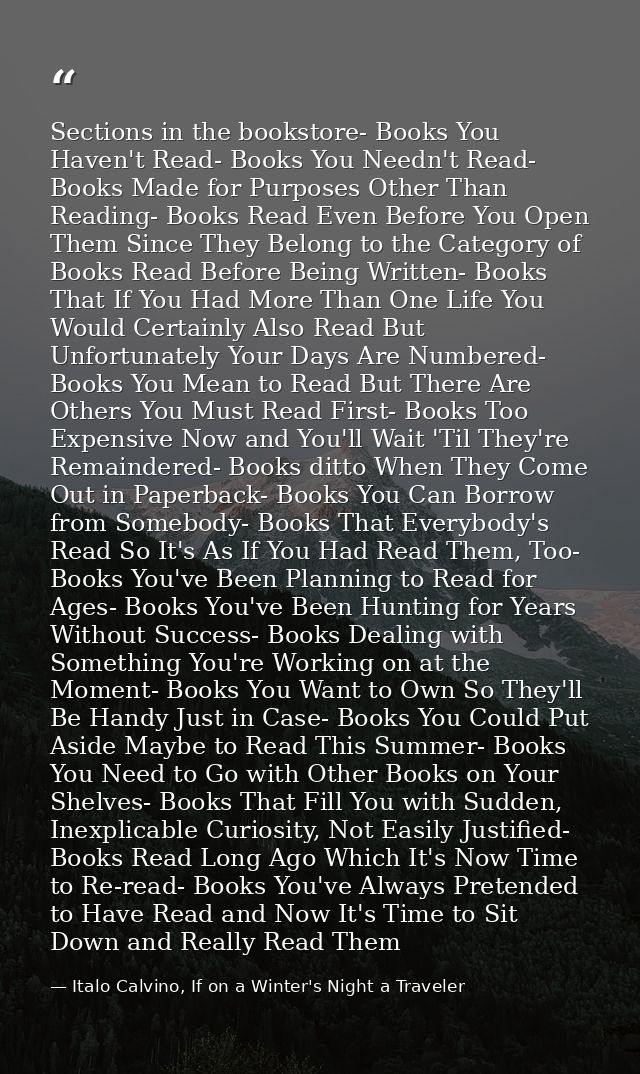 Sections in the bookstore- Books You Haven't Read- Books You Needn't Read- Books Made for Purposes Other Than Reading- B — Italo Calvino, If on a Winter's Night a Traveler