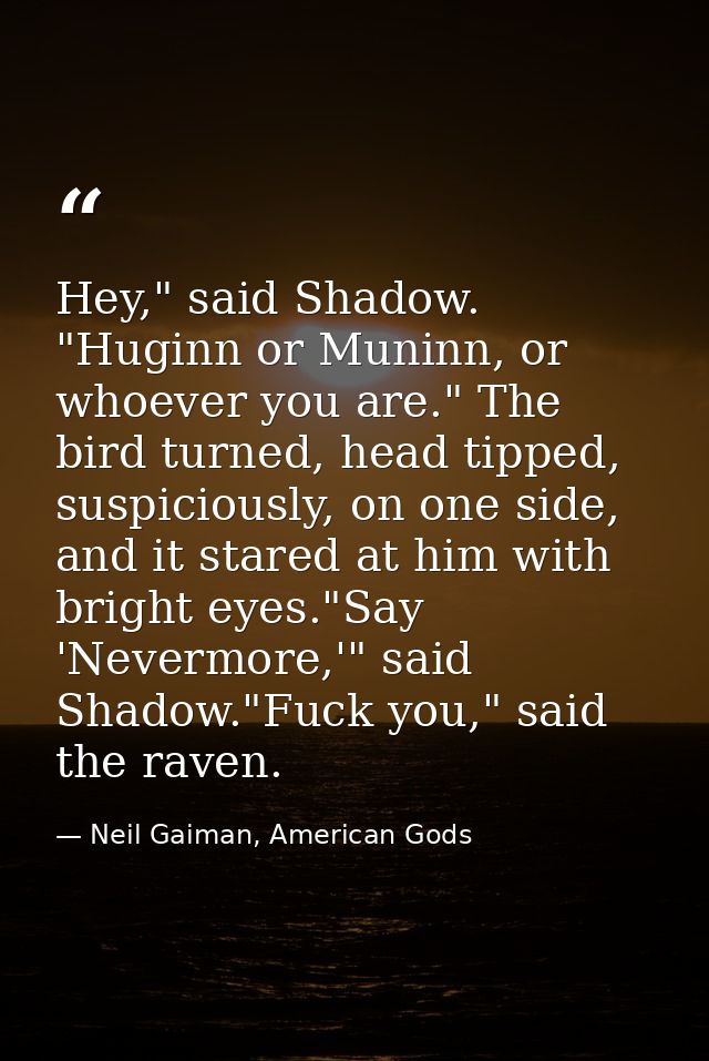Hey," said Shadow. "Huginn or Muninn, or whoever you are." The bird turned, head tipped, suspiciously, on one side, and  — Neil Gaiman, American Gods