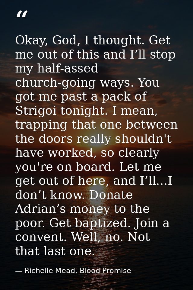 Okay, God, I thought. Get me out of this and I’ll stop my half-assed church-going ways. You got me past a pack of Strigo — Richelle Mead, Blood Promise